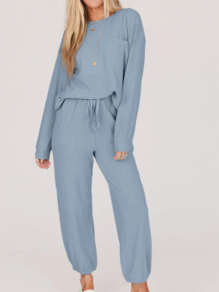 Ribbed Round Neck Sweatshirt and Drawstring Pants Set - Image 2
