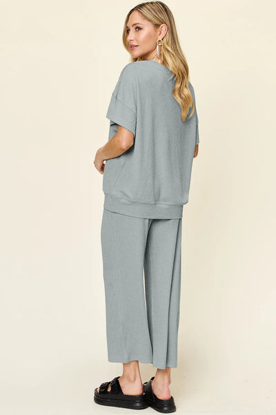 Double Take Full Size Texture Round Neck Short Sleeve T-Shirt and Wide Leg Pants - Image 24