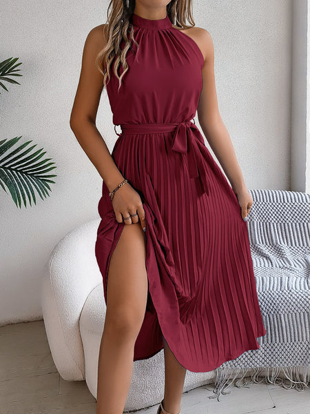 Pleated Tie Waist Sleeveless Midi Dress - Image 10