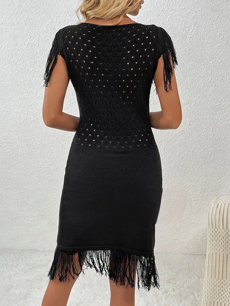 Fringe Crochet Boat Neck Sweater Dress - Image 6