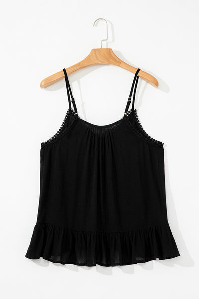 Black Floral Embroidery Ruffled Spaghetti Straps Tank Top - Image 6