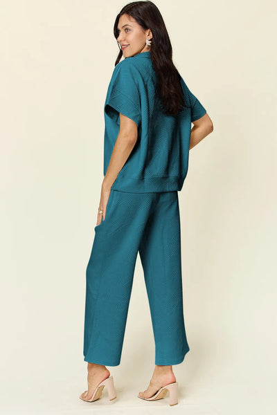 Double Take Full Size Texture Half Zip Short Sleeve Top and Pants Set - Image 8