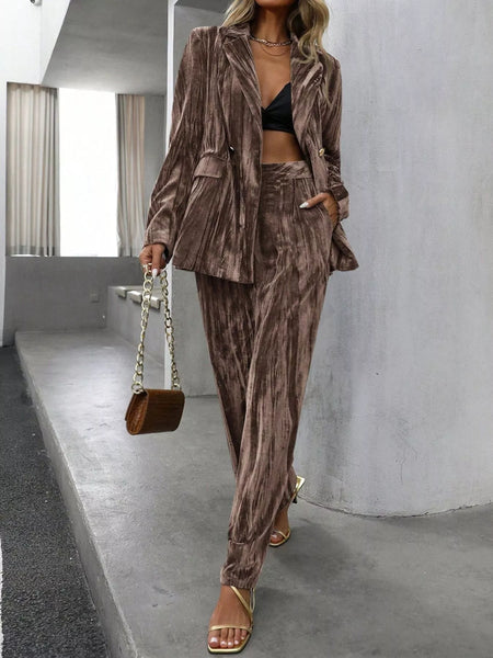 Lapel Collar Long Sleeve Blazer and Pants Set - Image 7
