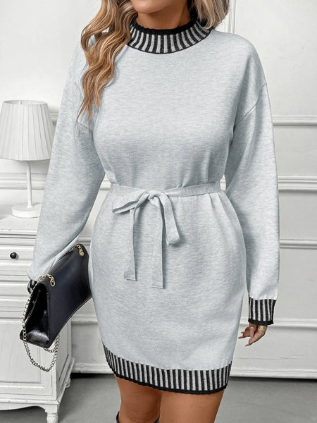Striped Trim Tie Waist Sweater Dress - Image 5