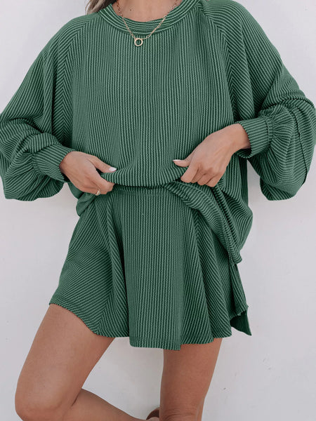 Corded Lantern Sleeve Top and High Waist Mini Skirt Set - Image 2