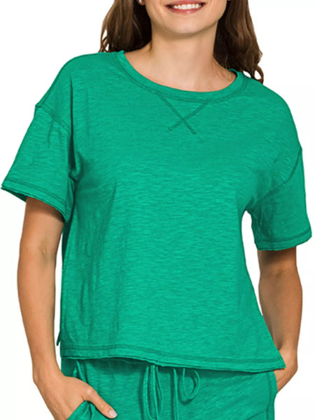 Zenana Cotton Slub Short Sleeve Tee and Pants Set - Image 3