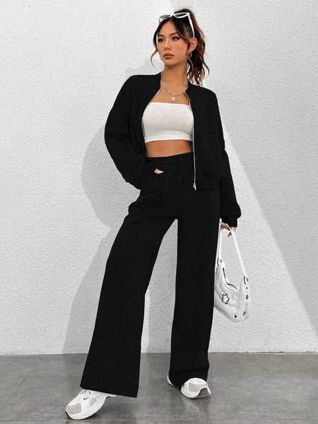 Casual Solid Color Zipper Jacket and Wide Leg Pants Set - Image 19
