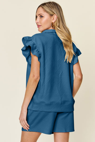 Double Take Full Size Texture Flounce Sleeve Top and Drawstring Shorts Set - Image 26