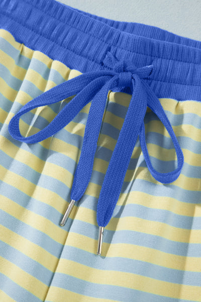 Pink Stripe Colorblock Trim Crew Neck Loose Tee Drawstring Elastic Waist 2pcs Pant Set - Image 21