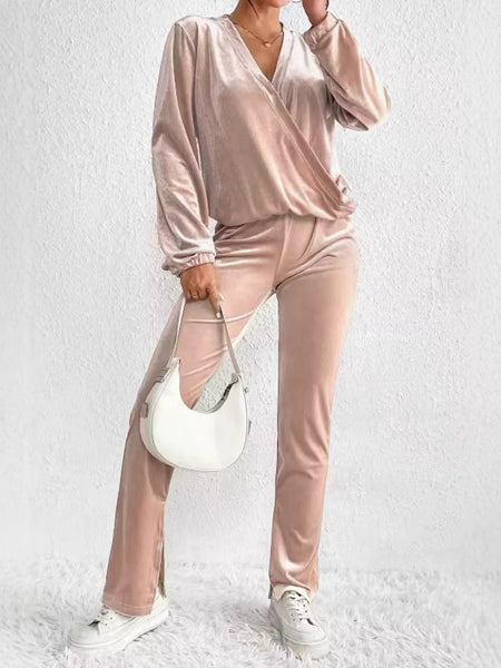 Plus Size Surplice Long Sleeve Top and Pants Set - Image 2