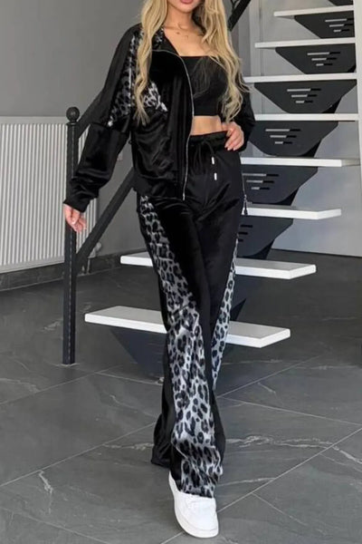 Full Size Collared Neck Leopard Zip Up Top and Pants Set Plus Size - Image 5