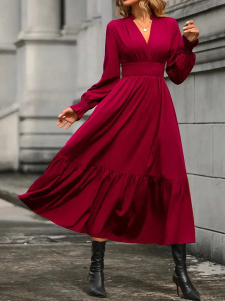 Notched Long Sleeve Tiered Dress - Image 13
