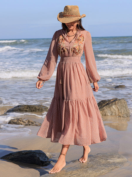 Embroidered Polka Dot Tie Neck Long Sleeve Midi Dress - Image 7