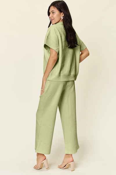 Double Take Full Size Texture Half Zip Short Sleeve Top and Pants Set - Image 12