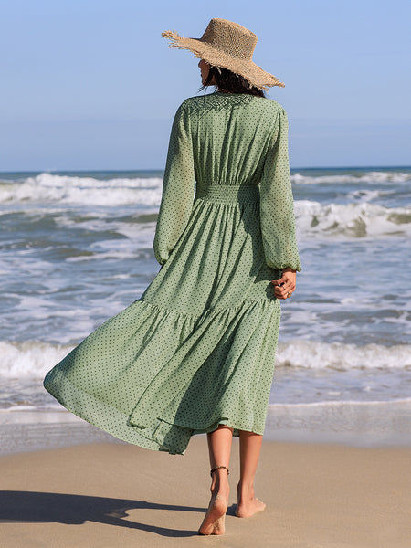 Embroidered Polka Dot Tie Neck Long Sleeve Midi Dress - Image 14