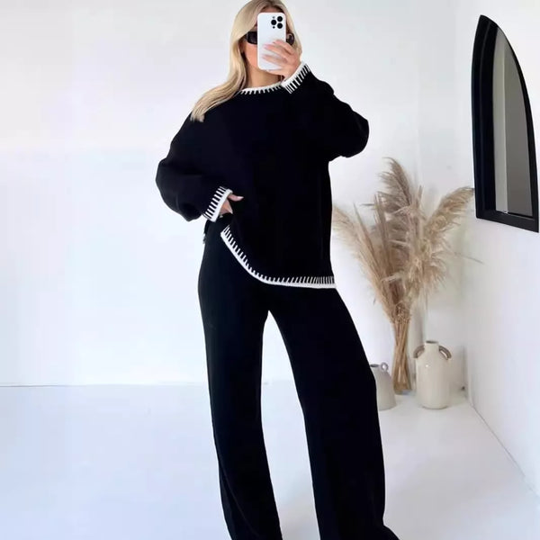 Contrast Trim Round Neck Top and Pants Sweater Set - Image 8