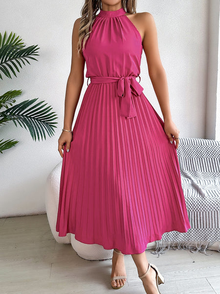Pleated Tie Waist Sleeveless Midi Dress - Image 3
