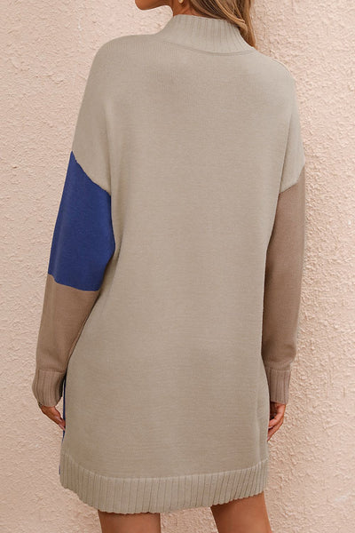 Color Block Mock Neck Dropped Shoulder Sweater Dress - Image 12