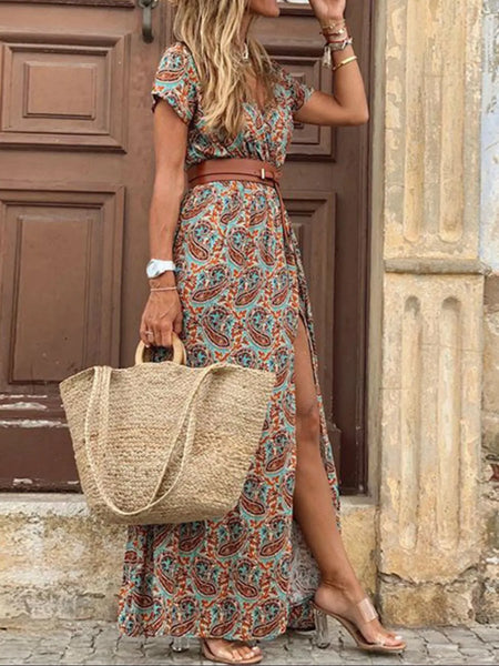 Full Size Printed V-Neck Short Sleeve Maxi Dress Plus Size - Image 2