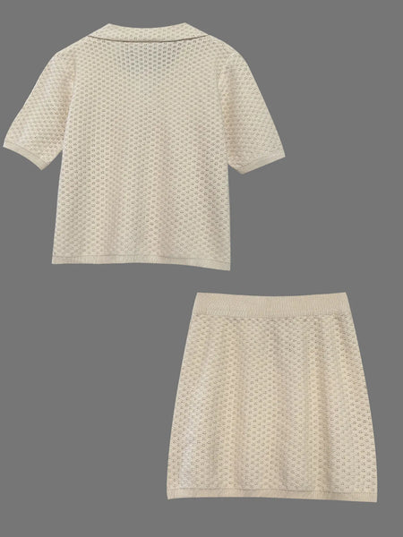 Openwork Button Up Top and Skirt Sweater Set - Image 6