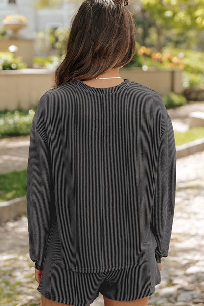 Carbon Grey Bowknot Patched Pattern Corded Long Sleeve Top and Shorts Outfit - Image 2