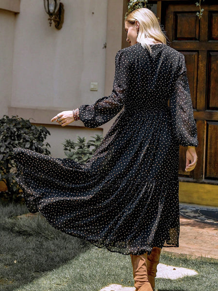 Embroidered Polka Dot Tie Neck Long Sleeve Midi Dress - Image 2