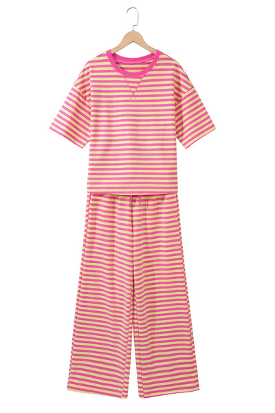 Pink Stripe Colorblock Trim Crew Neck Loose Tee Drawstring Elastic Waist 2pcs Pant Set - Image 14