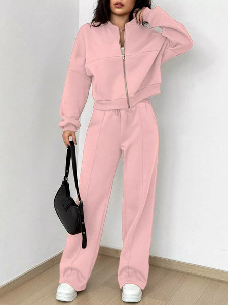 Casual Solid Color Zipper Jacket and Wide Leg Pants Set - Image 8