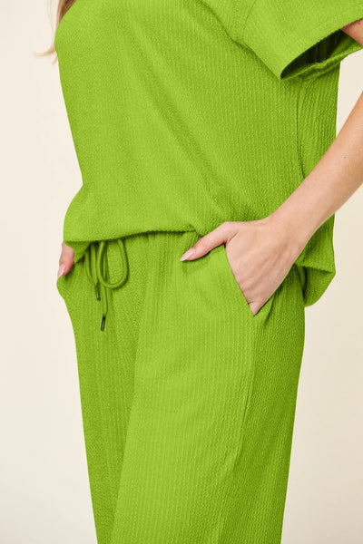 Double Take Full Size Texture Round Neck Short Sleeve T-Shirt and Wide Leg Pants - Image 4