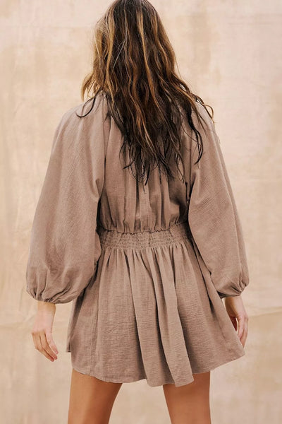 Smocked V-Neck Balloon Sleeve Dress - Image 2