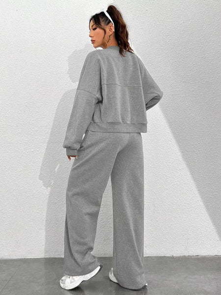 Casual Solid Color Zipper Jacket and Wide Leg Pants Set - Image 22