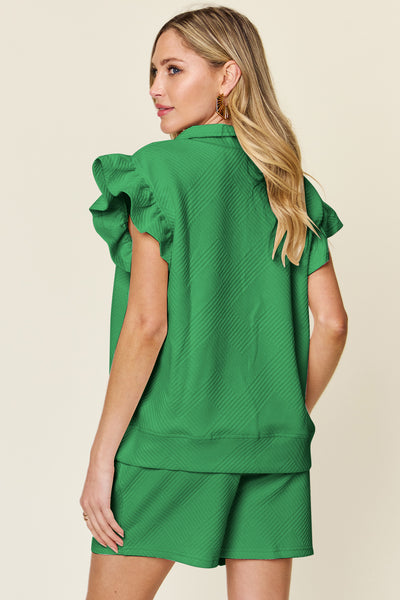 Double Take Full Size Texture Flounce Sleeve Top and Drawstring Shorts Set - Image 13