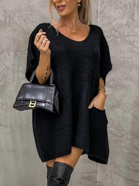 Short Sleeve Sweater Dress with Pockets - Image 4