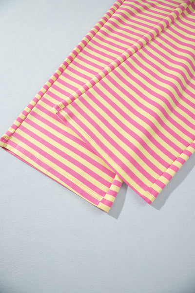 Pink Stripe Colorblock Trim Crew Neck Loose Tee Drawstring Elastic Waist 2pcs Pant Set - Image 5