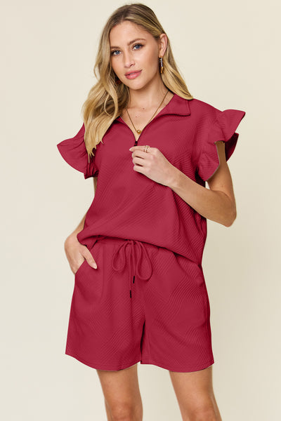 Double Take Full Size Texture Flounce Sleeve Top and Drawstring Shorts Set - Image 17