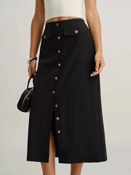 Button-Front Midi Skirt with Pockets - Image 2