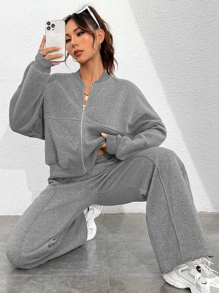 Casual Solid Color Zipper Jacket and Wide Leg Pants Set - Image 24