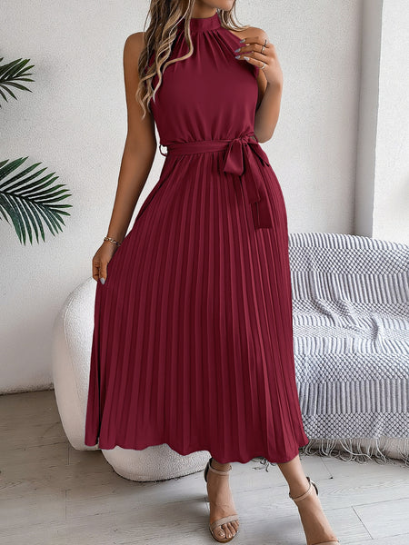 Pleated Tie Waist Sleeveless Midi Dress - Image 7