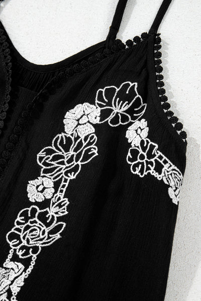 Black Floral Embroidery Ruffled Spaghetti Straps Tank Top - Image 12