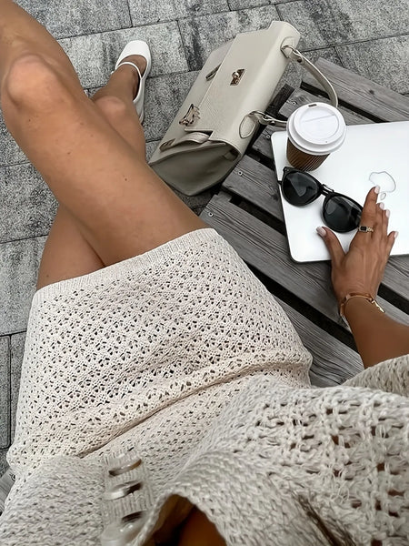 Openwork Button Up Top and Skirt Sweater Set - Image 3