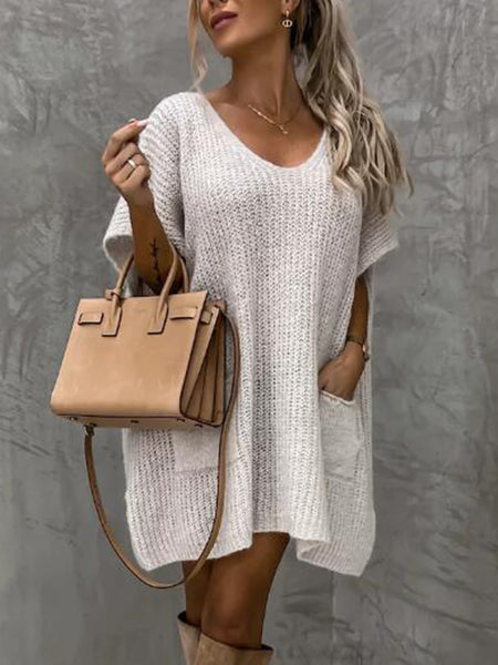 Short Sleeve Sweater Dress with Pockets - Image 7