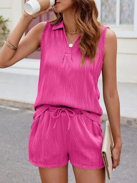 Textured Johnny Collar Top and Shorts Set - Image 19