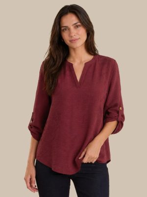Embroidered Split Neck Popover Blouse