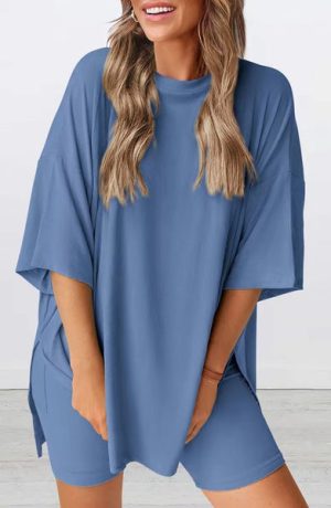 Casual Oversized 2-Piece Lounge Set with Crewneck & Split Hem