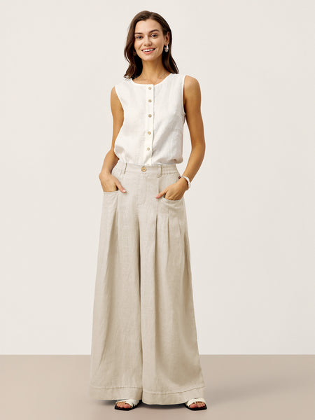 100% Linen Sculpted Pleat Elasticated Back Relaxed Pants VERIDIANA - Image 13