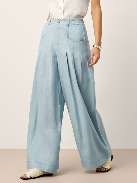 100% Linen Sculpted Pleat Elasticated Back Relaxed Pants VERIDIANA - Image 4