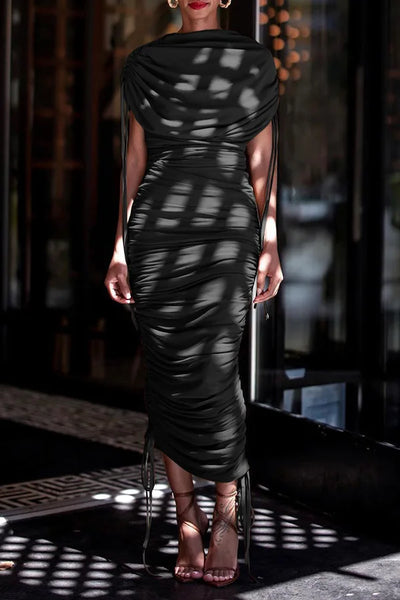 Elegant Ruched Maxi Party Dress Women Solid Pleated Zipper Up Sleeveless Wedding Evening Long Dress Women - Image 4
