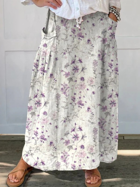 Women's Vintage Floral Art Linen Elastic waistband Pocket Skirt - Image 2