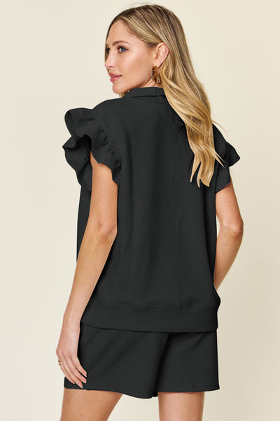 Double Take Full Size Texture Flounce Sleeve Top and Drawstring Shorts Set - Image 11