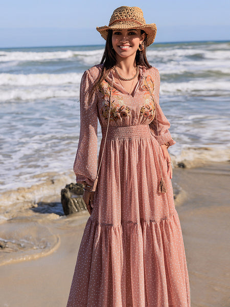 Embroidered Polka Dot Tie Neck Long Sleeve Midi Dress - Image 8
